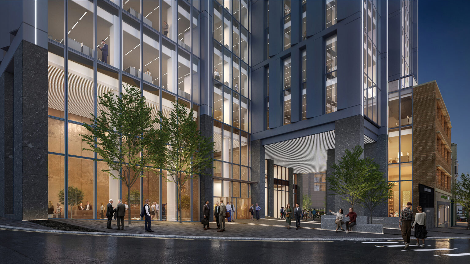 Beorma Quarter Birmingham main entrance with illuminated glass façade, showcasing Grade-A commercial development in prime city centre location.